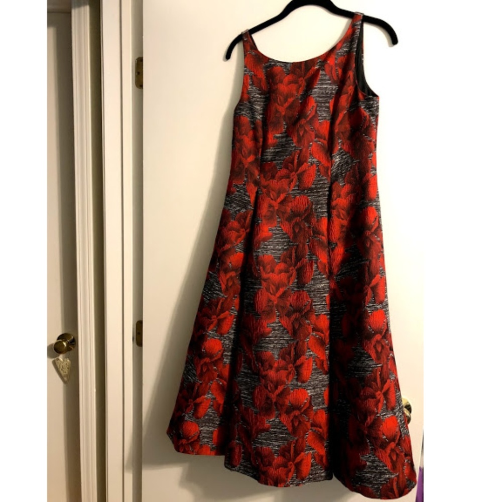 Red Floral Midi Sleeveless Jacquard Party Dress